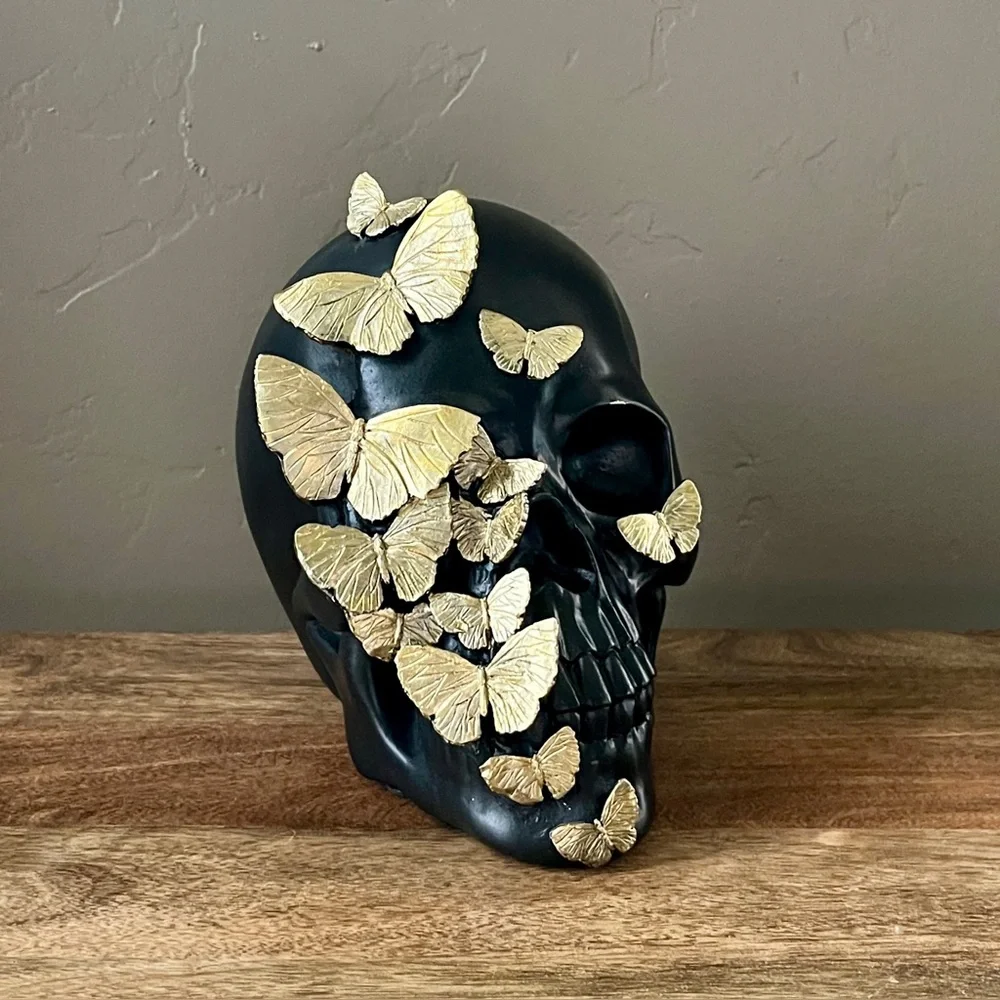 Black Skeleton Skull Gold Metal Butterflies Dark Coquette Glam Gilded Halloween